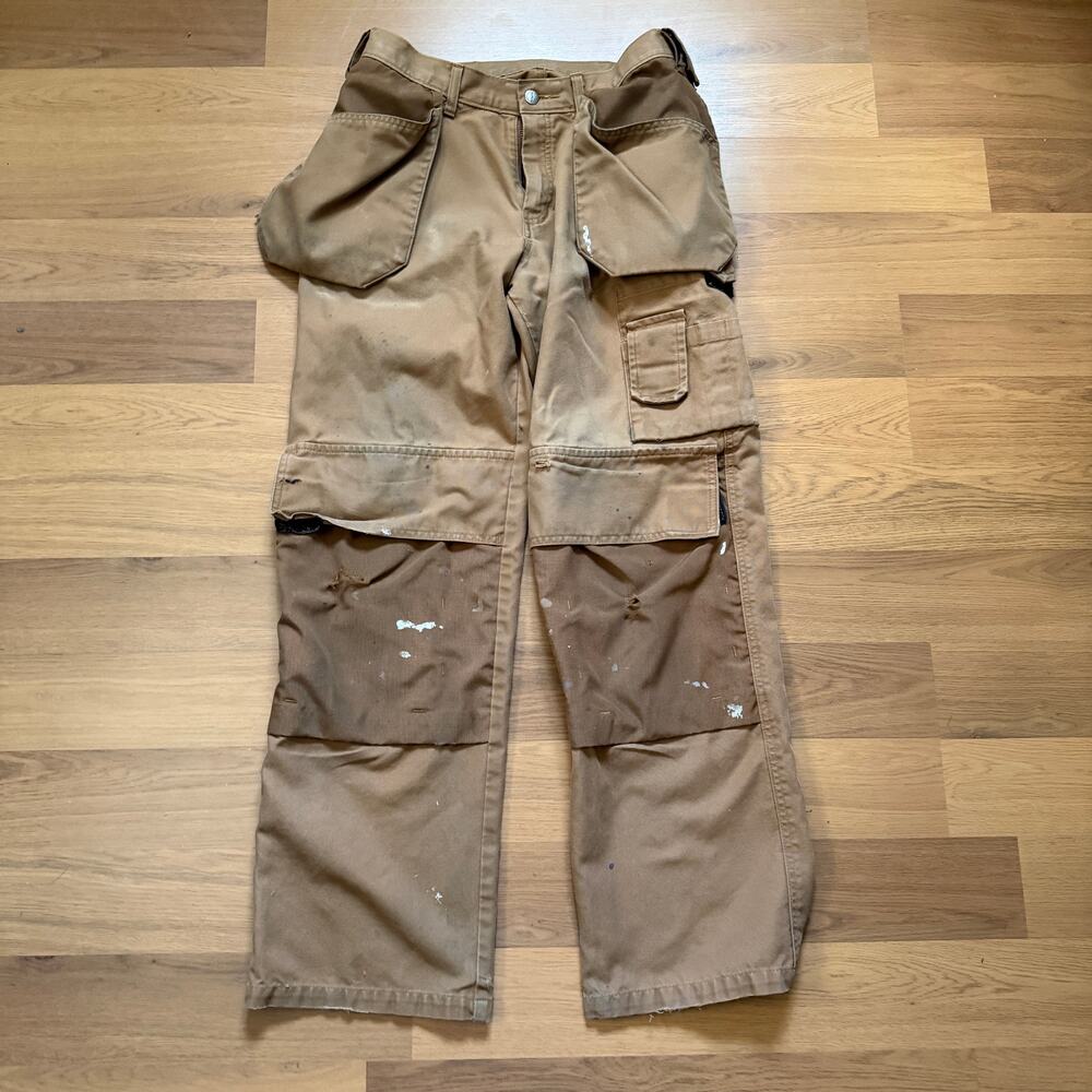 Men's Skillers Brown Distressed Double Knee Work Wear Cargo Pants Sz 30 x 32